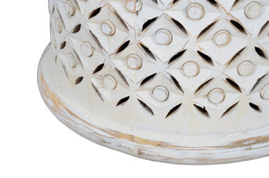 Decker Small Antique White Hand-Carved Mango Wood Drum Table