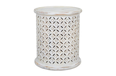 Decker Small Antique White Hand-Carved Mango Wood Drum Table