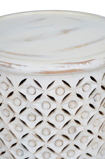Decker Small Antique White Hand-Carved Mango Wood Drum Table
