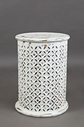 Decker Distressed Antique White Mango Wood Drum End Table