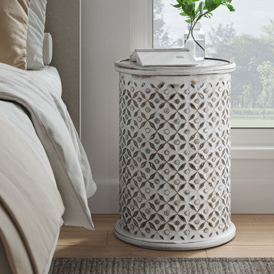 Decker Distressed Antique White Mango Wood Drum End Table