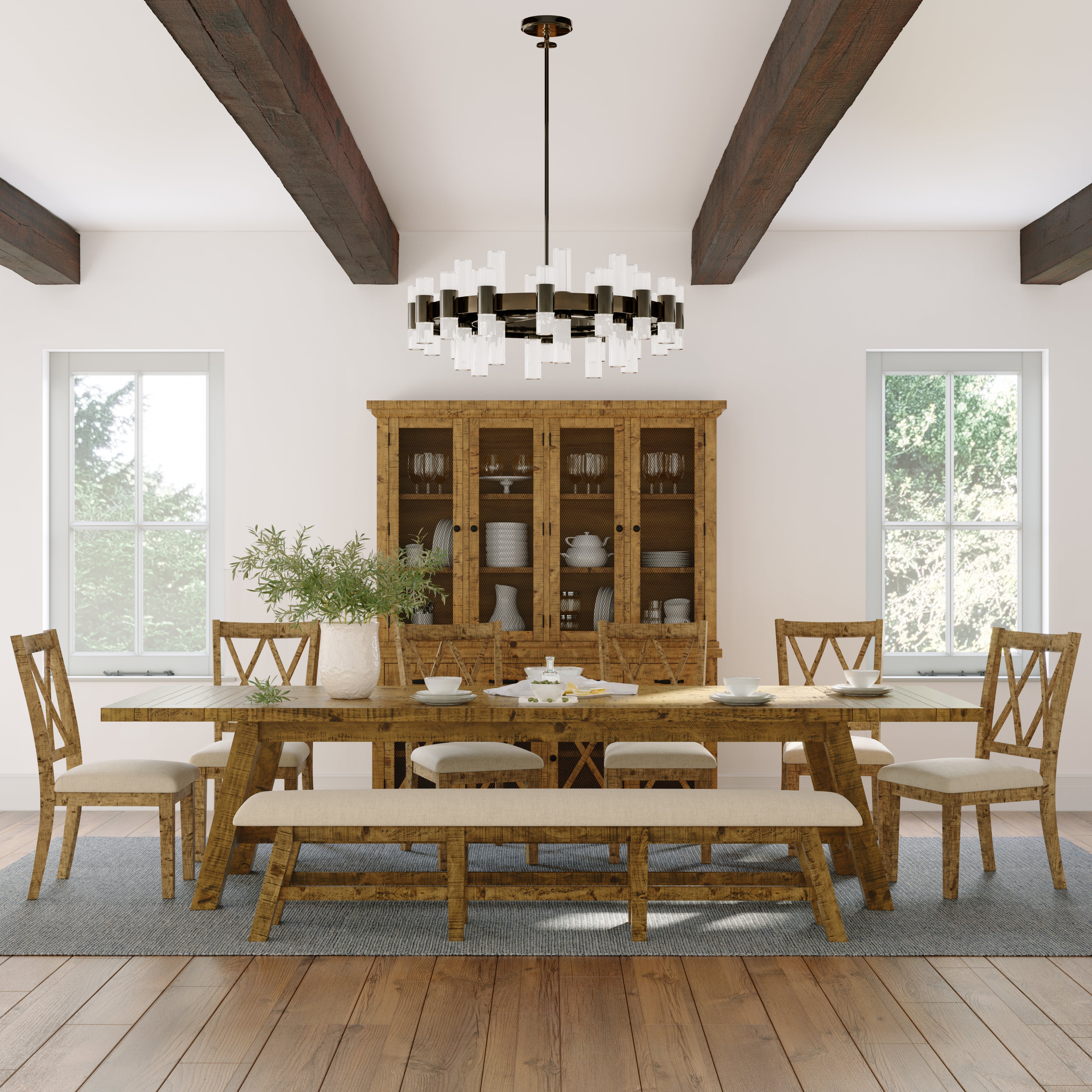 85" Upholstered Dining Bench with Distressed Solid Pine