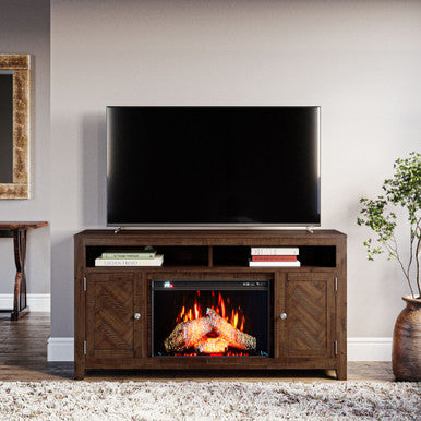 Vista Modern 60" Chevron Fireplace Storage Console TV Stand, Dark Brown