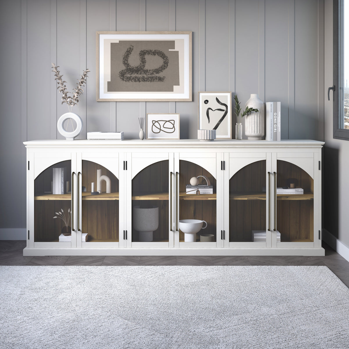 96-Inch White Sideboard Cabinet with Gothic Arch Glass Doors and Adjustable Shelves