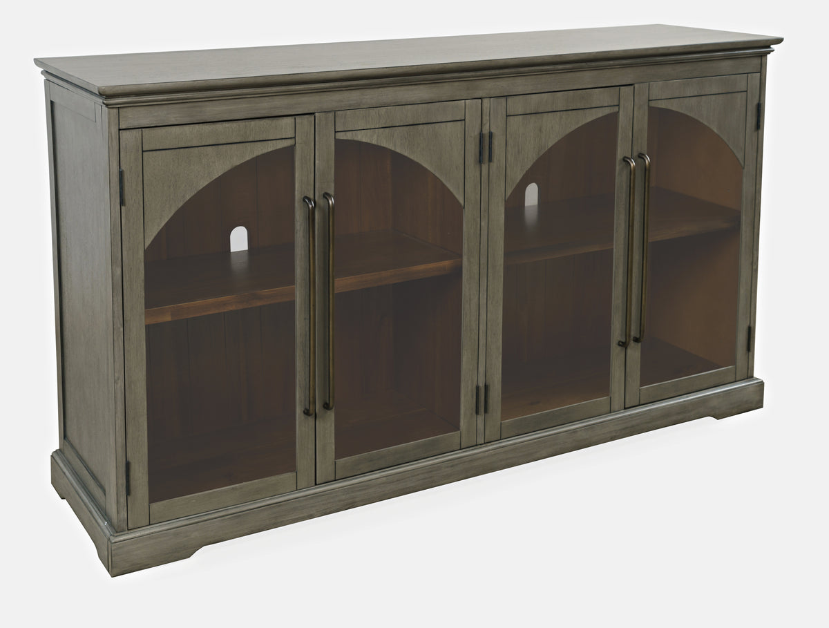 65-Inch Grey Sideboard Cabinet with Gothic Arch Glass Doors and Adjustable Shelves