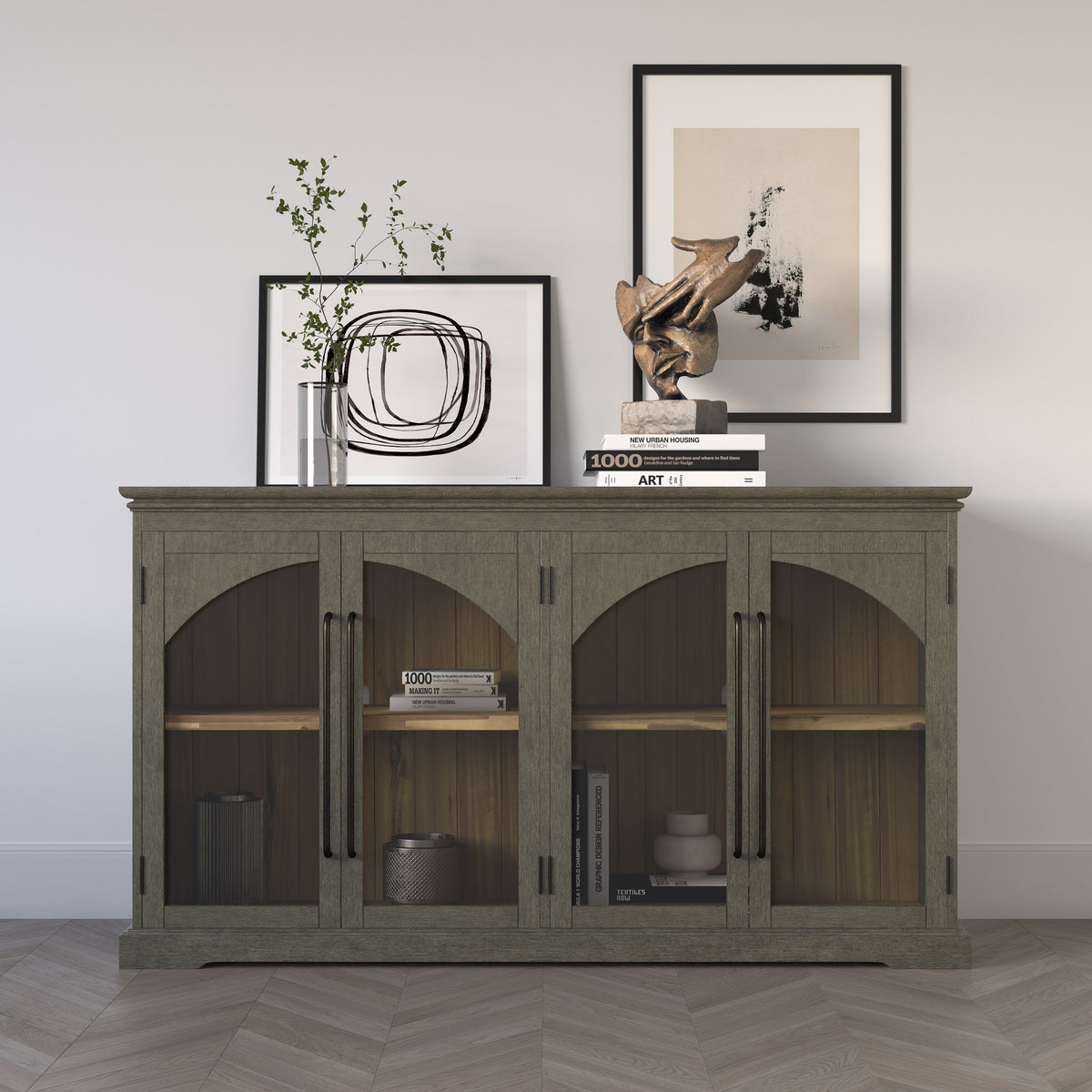 65-Inch Grey Sideboard Cabinet with Gothic Arch Glass Doors and Adjustable Shelves