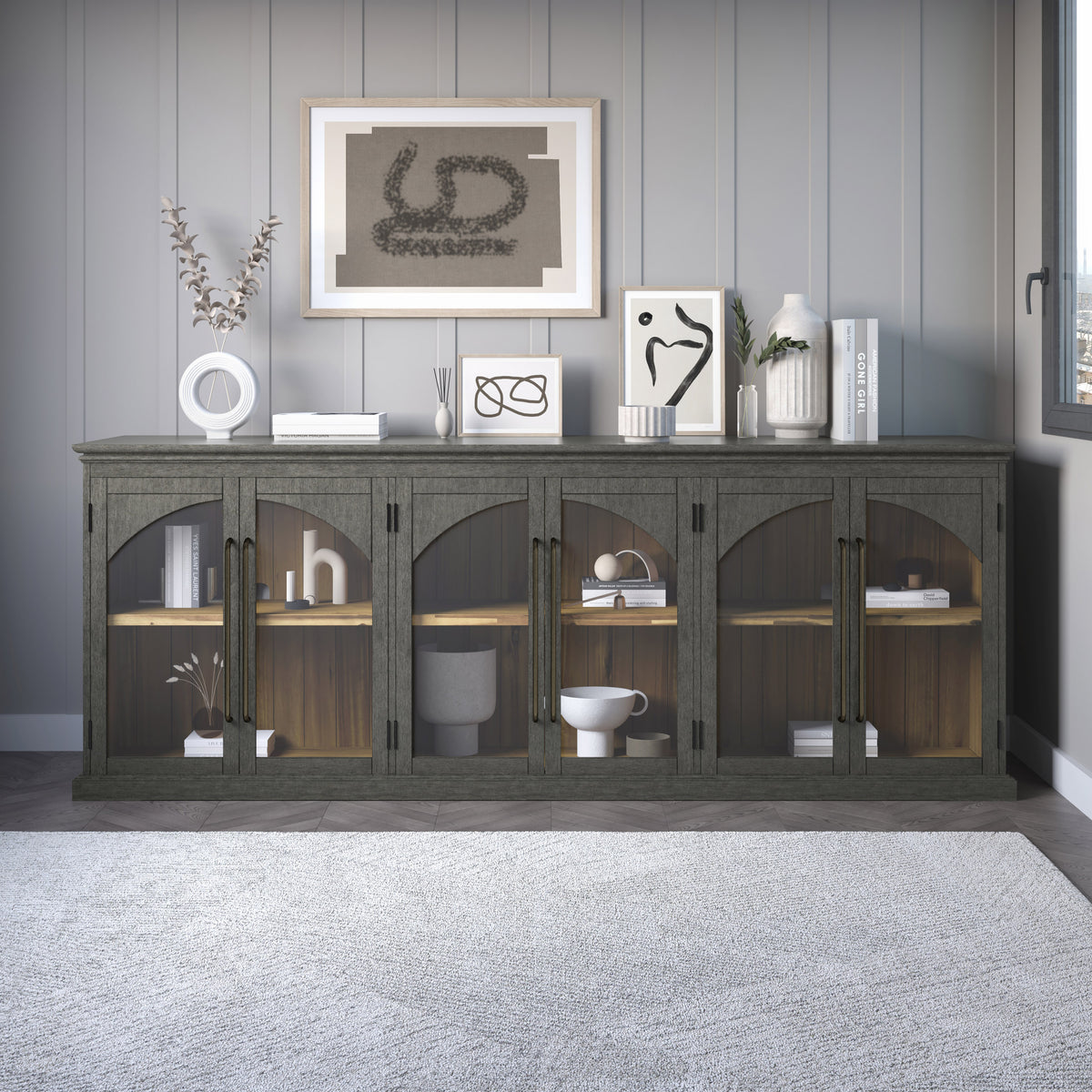 96-Inch Grey Sideboard Cabinet with Gothic Arch Glass Doors and Adjustable Shelves