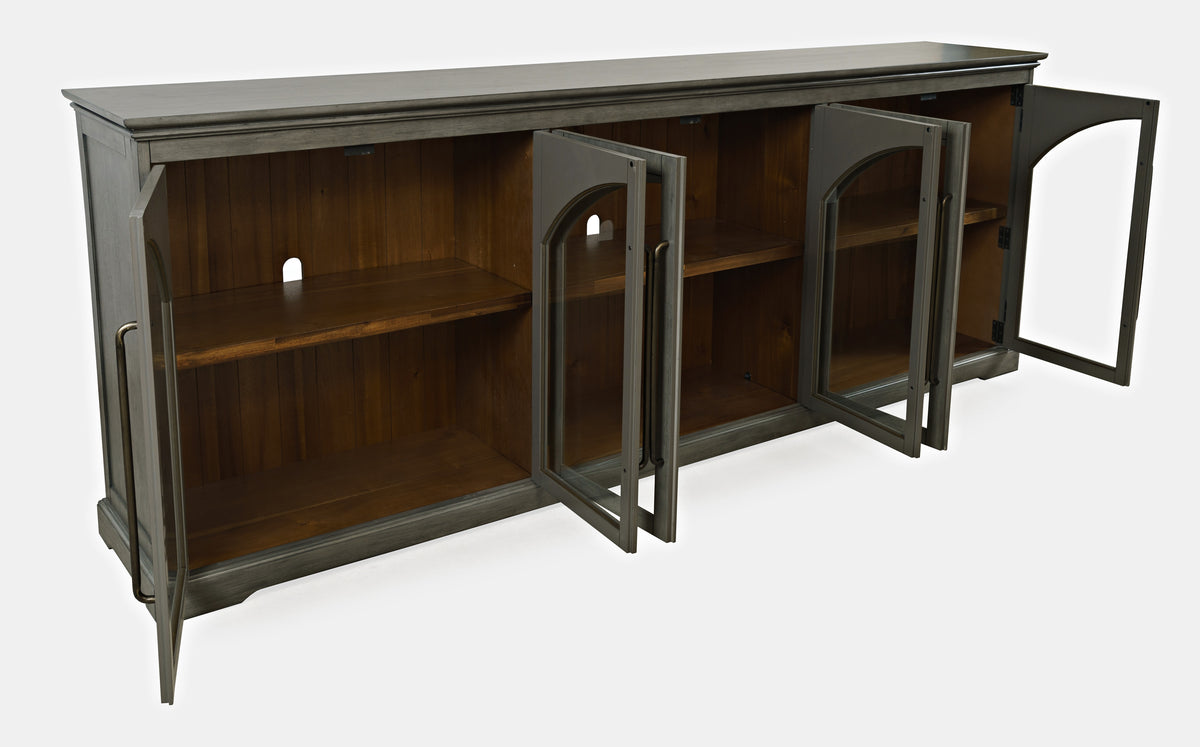 96-Inch Grey Sideboard Cabinet with Gothic Arch Glass Doors and Adjustable Shelves