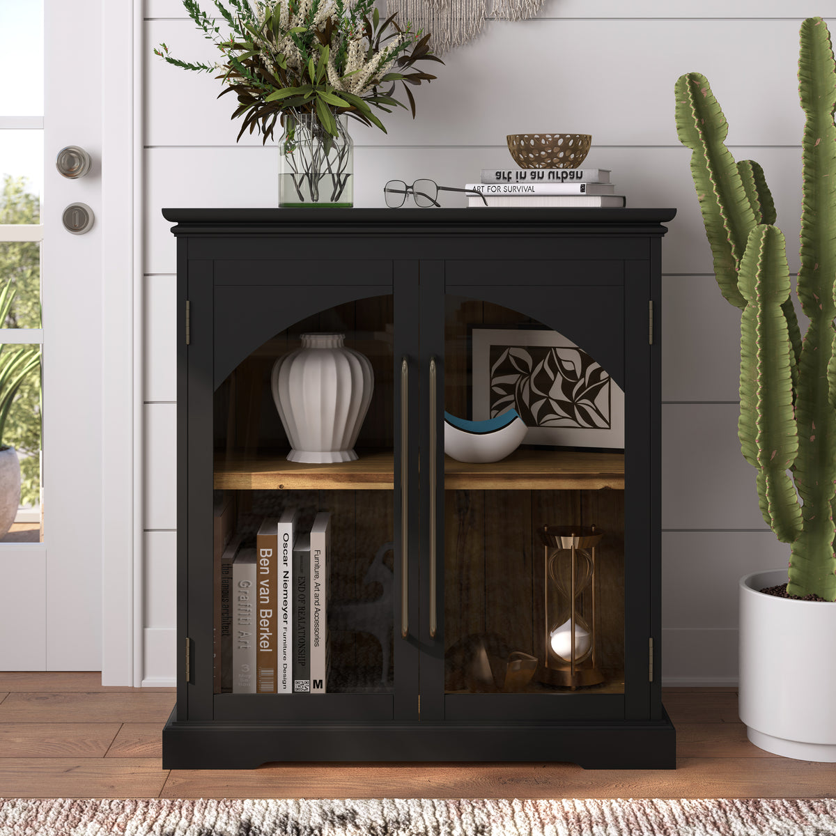 33-Inch Accent Storage Cabinet – Gothic Arch Glass Doors, Adjustable Shelf