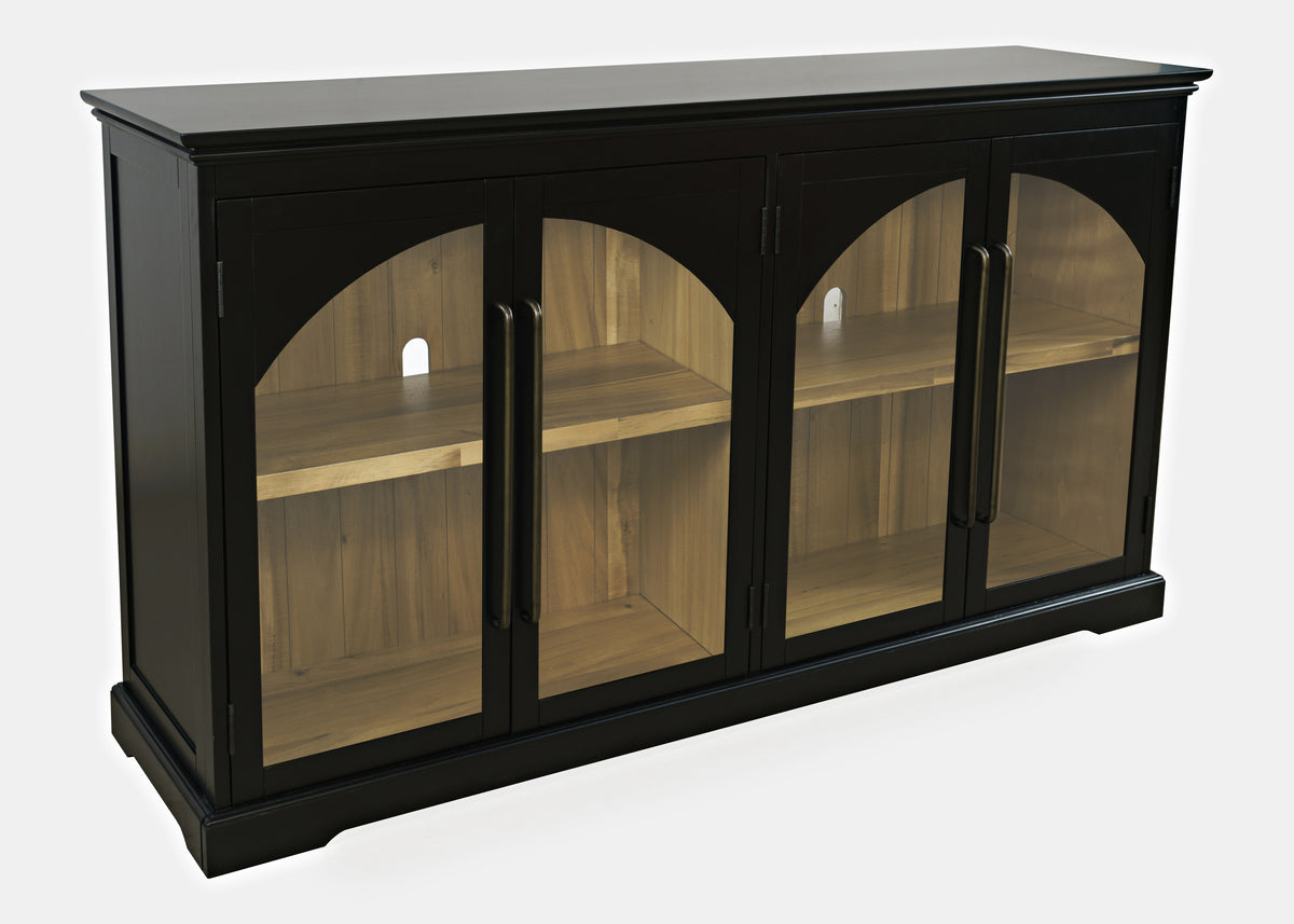 65-Inch Black Sideboard Cabinet with Gothic Arch Glass Doors and Adjustable Shelves