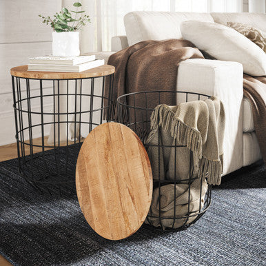 World Vault Nested Storage Solid Wood and Metal Basket End Tables (Set of 2)