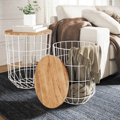 World Vault Nested Storage Solid Wood and Metal Basket End Tables (Set of 2)