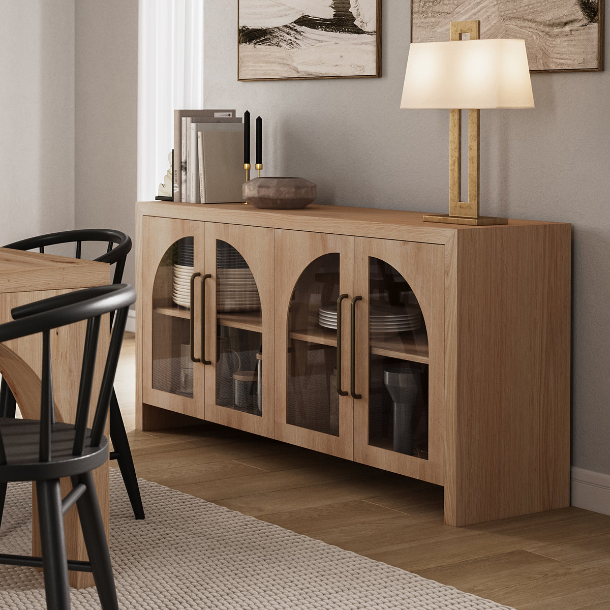60-Inch Oak Sideboard Cabinet with Curved Arch Glass Doors and Gold Hardware