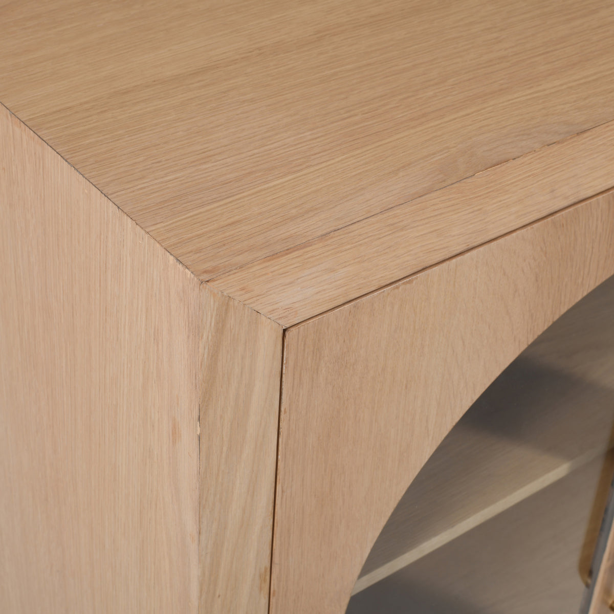 60-Inch Oak Sideboard Cabinet with Curved Arch Glass Doors and Gold Hardware