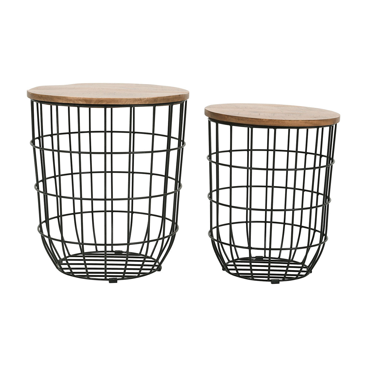 World Vault Nested Storage Solid Wood and Metal Basket End Tables (Set of 2)