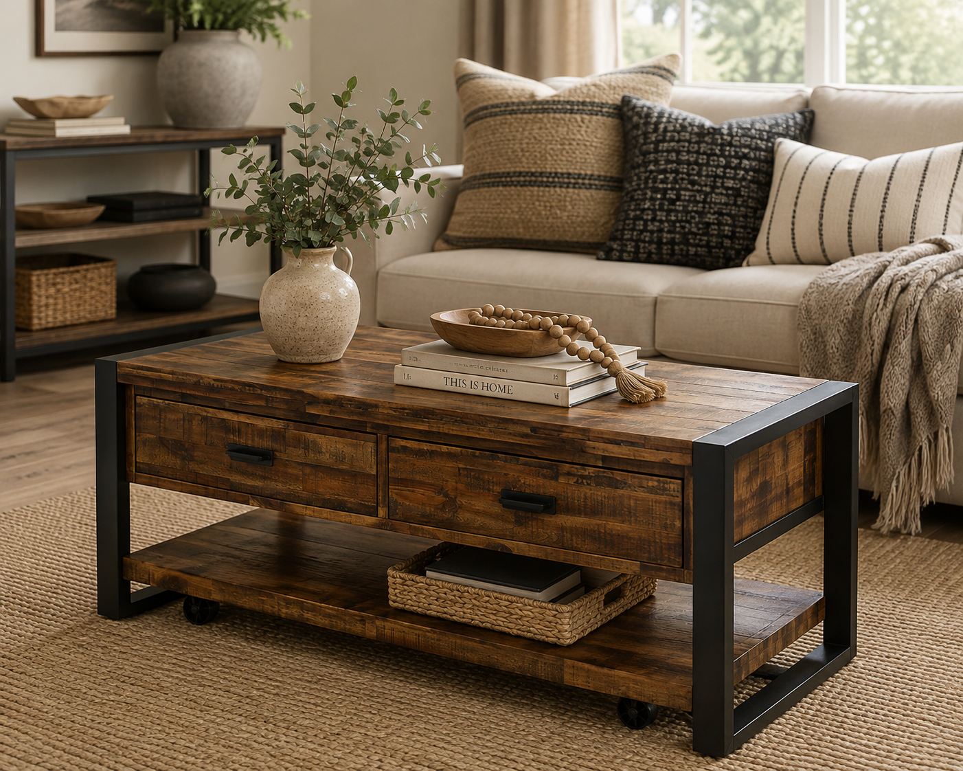 48" Industrial Acacia Wood Coffee Table