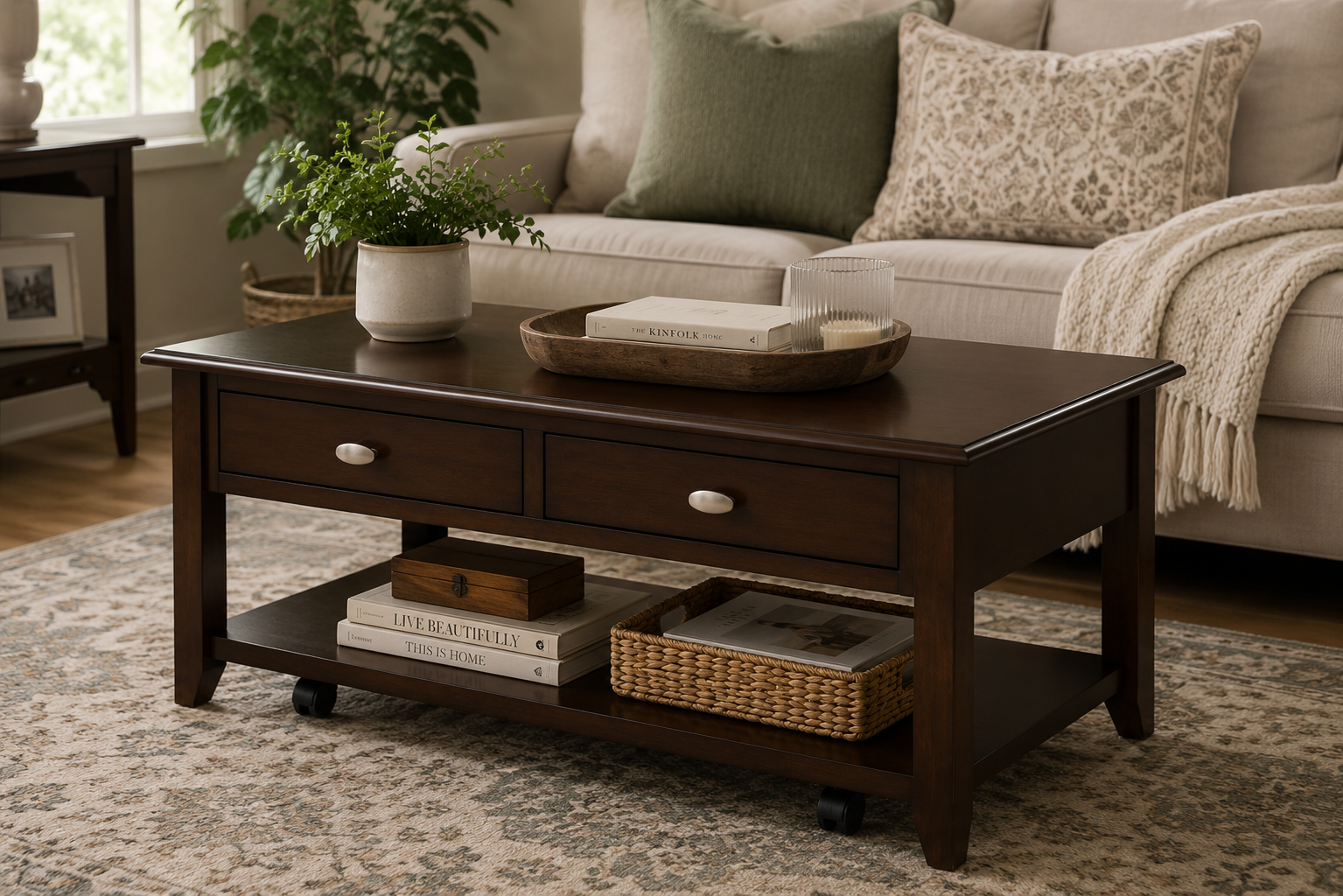 44" Rolling Coffee Table with Storage Drawers