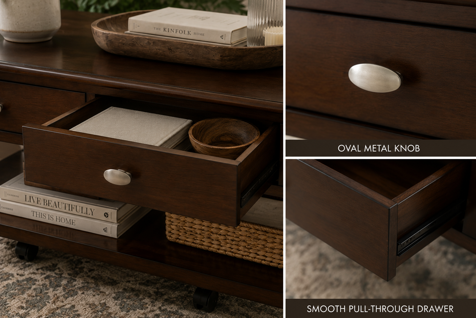 44" Rolling Coffee Table with Storage Drawers