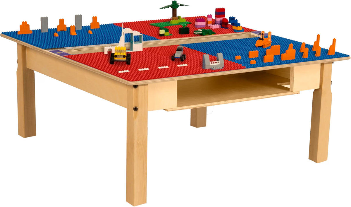 Square Time-2-Play Table with a trough and shelf, along with 14" legs and a LEGO® Compatible Grid of RED/BLUE Color