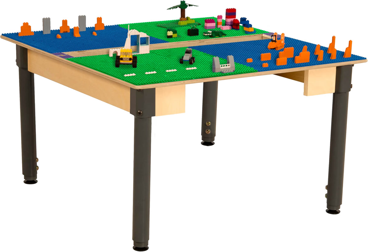 Square Time-2-Play Table with a trough, along with adjustable 18"-29" legs and a LEGO® Compatible Grid of BLUE/GREEN Color