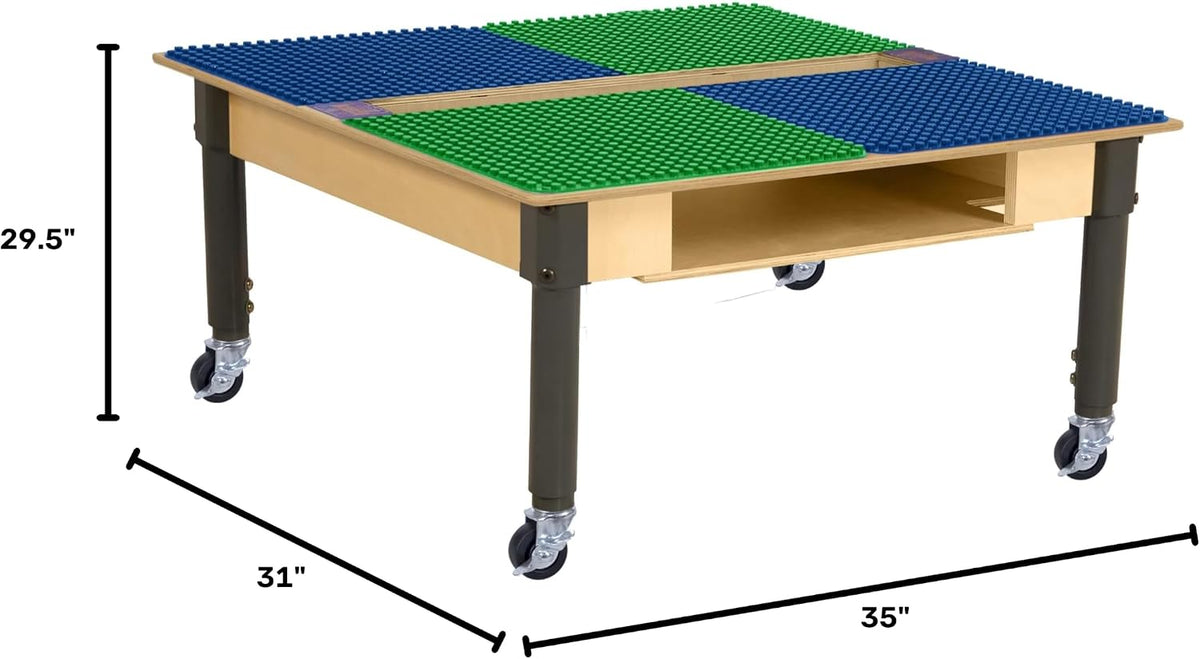Square Time-2-Play Table with a trough and shelf, along with adjustable 12"-17" legs with locking casters and a DUPLO® Compatible Grid of BLUE/GREEN Color