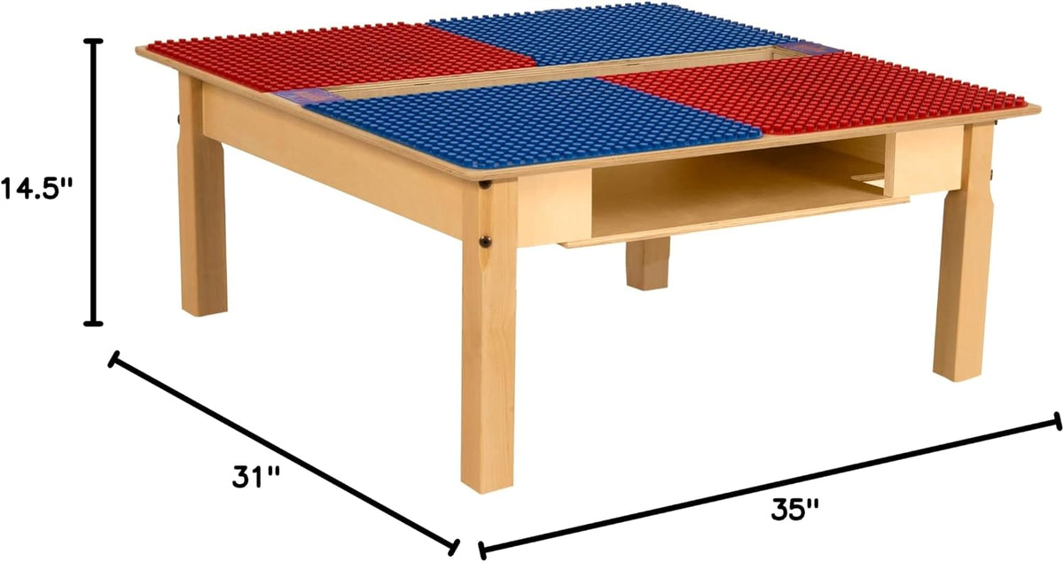 Square Time-2-Play Table with a trough and shelf, along with 14" legs and a DUPLO® Compatible Grid of RED/BLUE Color