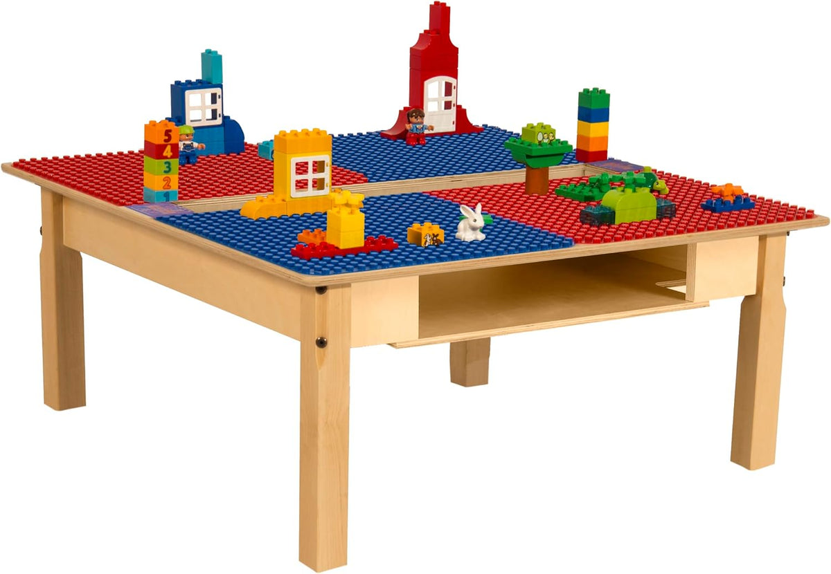 Square Time-2-Play Table with a trough and shelf, along with 14" legs and a DUPLO® Compatible Grid of RED/BLUE Color