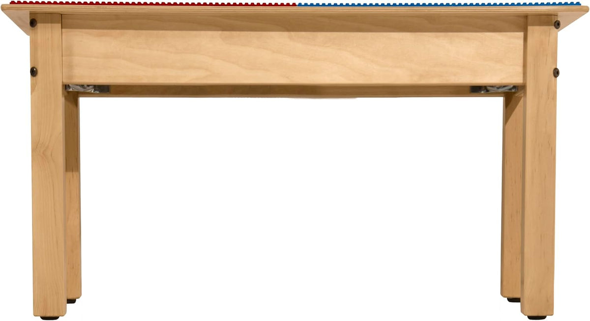 Square Time-2-Play Table with a trough and shelf, along with 14" legs and a DUPLO® Compatible Grid of RED/BLUE Color