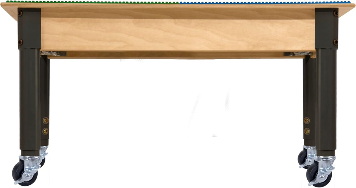Square Time-2-Play Table with a trough and shelf, along with adjustable 12"-17" legs with locking casters and a DUPLO® Compatible Grid of BLUE/GREEN Color