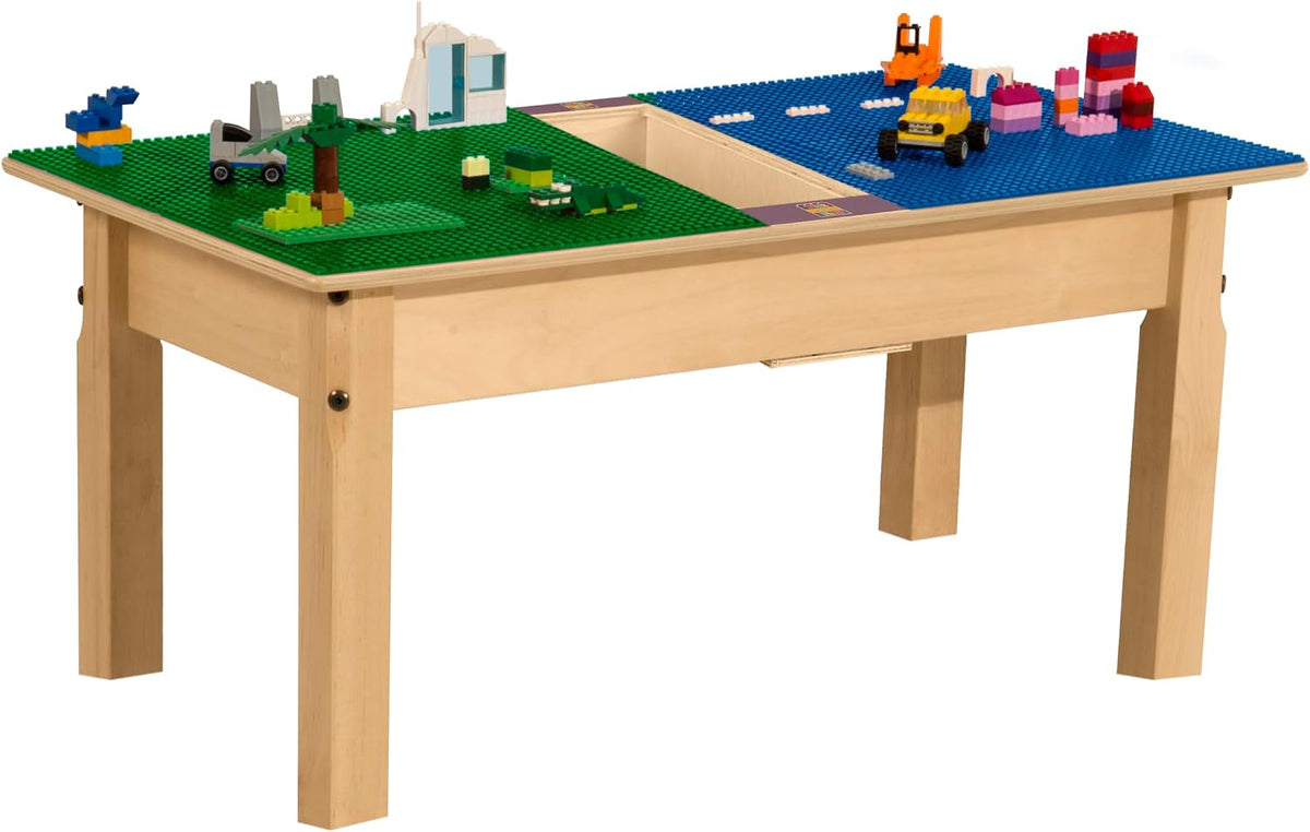 Rectangle Time-2-Play Table with a trough, along with 14" legs and a LEGO® Compatible Grid of BLUE/GREEN Color