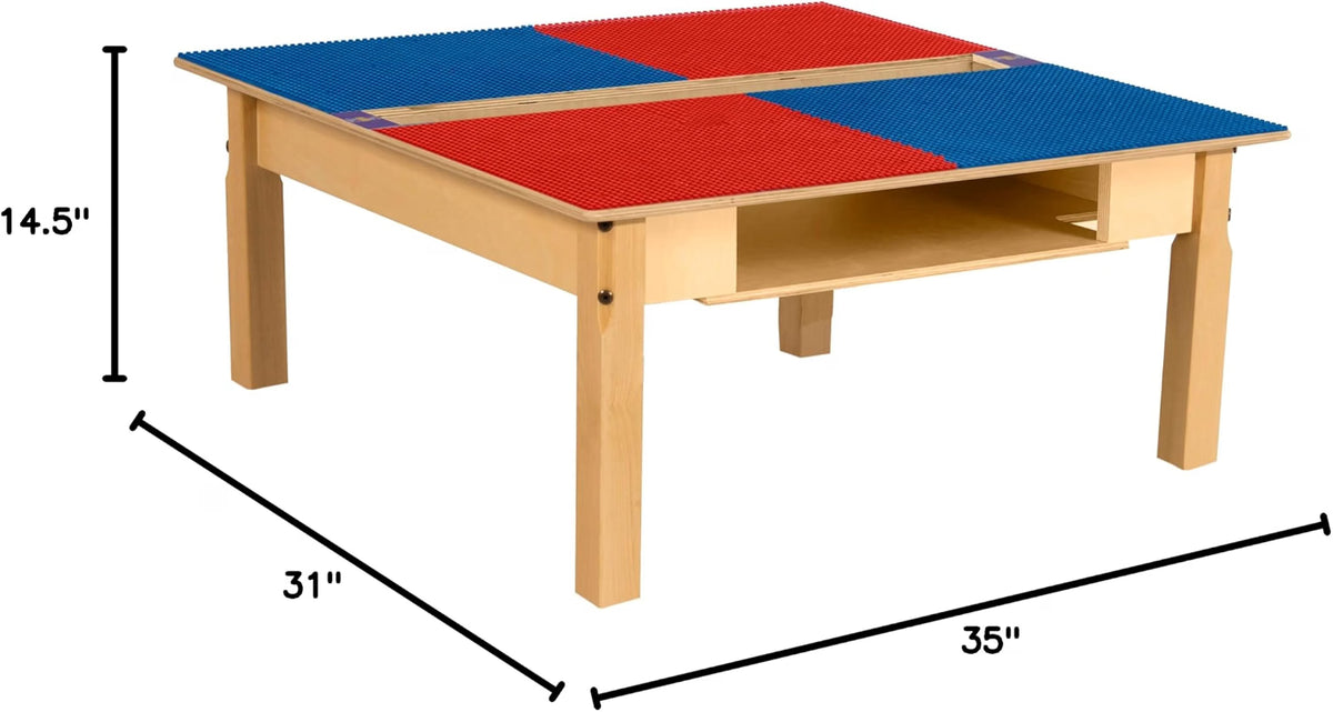 Square Time-2-Play Table with a trough and shelf, along with 14" legs and a LEGO® Compatible Grid of RED/BLUE Color