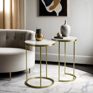 RRI Goods Nesting End Table|Gold Metal Frame & White Marble Table, Set of 2