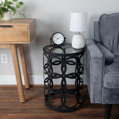RRI Goods Metal & Glass Round Side Accent Table, Black