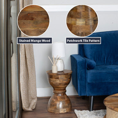 Damru Shape Mango Wood Accent Side Table, 18" Tall