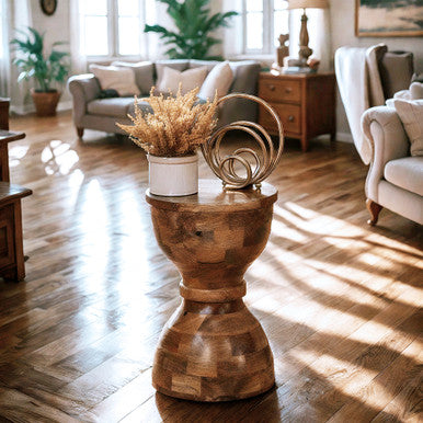 Damru Shape Mango Wood Accent Side Table, 18" Tall