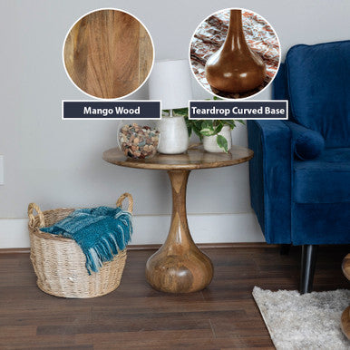 Mango Wood Round Side Table with Teardrop Base – 21.5" Accent Table