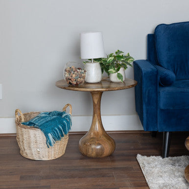 Mango Wood Round Side Table with Teardrop Base – 21.5" Accent Table