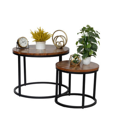 Solid Mango Wood Top Set of 2 Round Nesting Side Tables