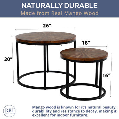 Solid Mango Wood Top Set of 2 Round Nesting Side Tables