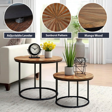 Solid Mango Wood Top Set of 2 Round Nesting Side Tables