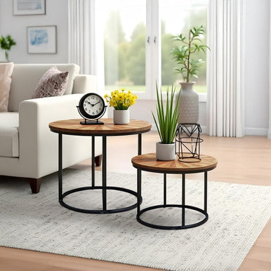 Solid Mango Wood Top Set of 2 Round Nesting Side Tables
