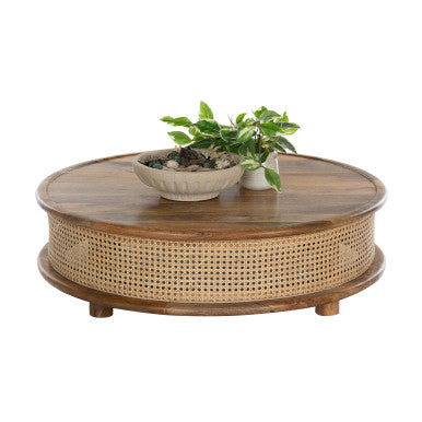 36" Round Mango Wood Coffee Table with Cane Webbing
