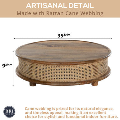 36" Round Mango Wood Coffee Table with Cane Webbing