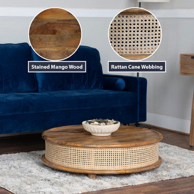 36" Round Mango Wood Coffee Table with Cane Webbing