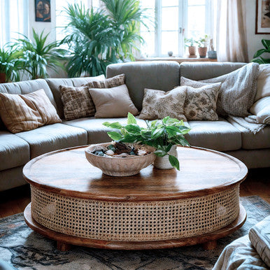 36" Round Mango Wood Coffee Table with Cane Webbing
