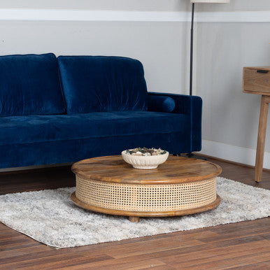 36" Round Mango Wood Coffee Table with Cane Webbing