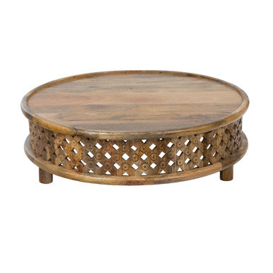 Handcrafted Round Mango Wood 36" Coffee Table with Carved Lattice Base