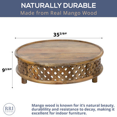 Handcrafted Round Mango Wood 36" Coffee Table with Carved Lattice Base