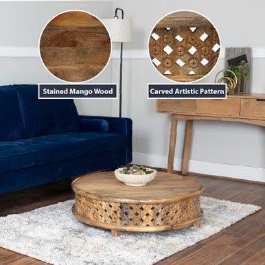 Handcrafted Round Mango Wood 36" Coffee Table with Carved Lattice Base