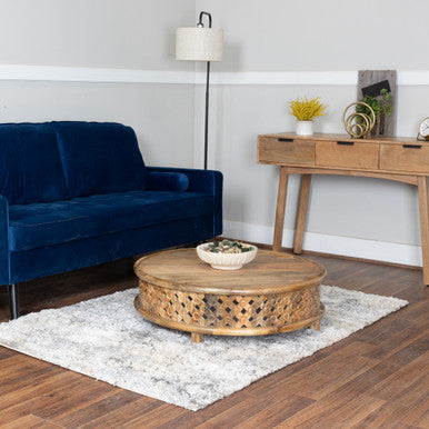 Handcrafted Round Mango Wood 36" Coffee Table with Carved Lattice Base